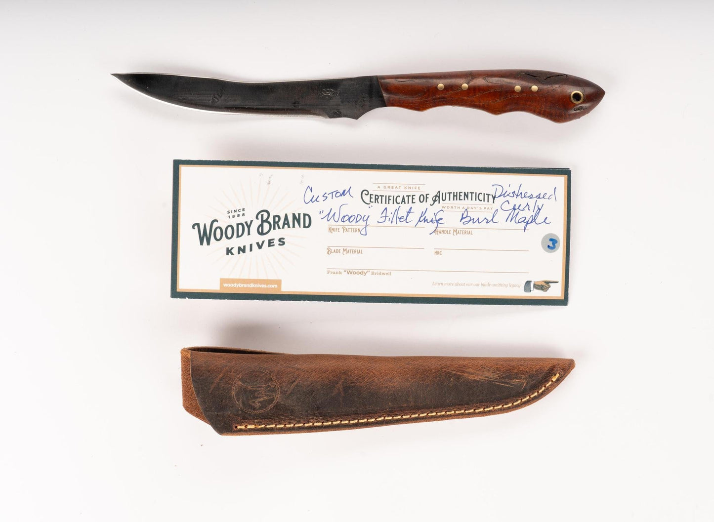 Woody Handmade Cutlery Fillet Knife Woody Handmade Cutlery Distressed Curly Burl Maple (3) Knives Rivers and Glen Trading Co