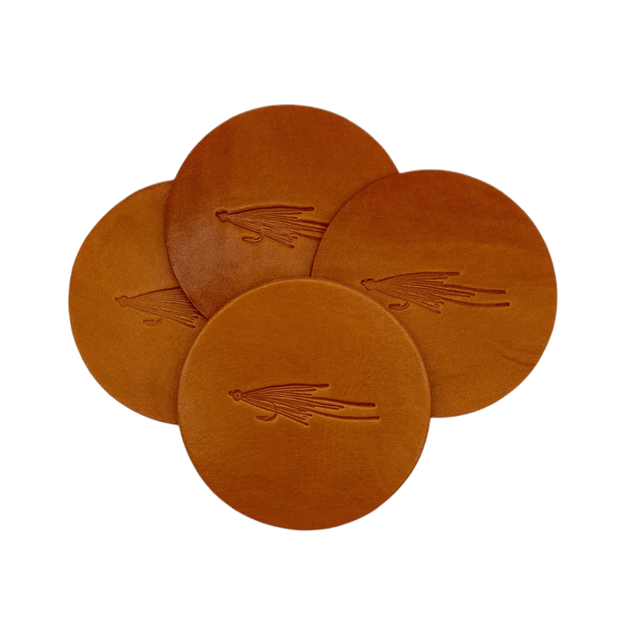Woodley Co Leather Coaster Set- Flies Woodley Co Adams Coaster Set Rivers and Glen Trading Co