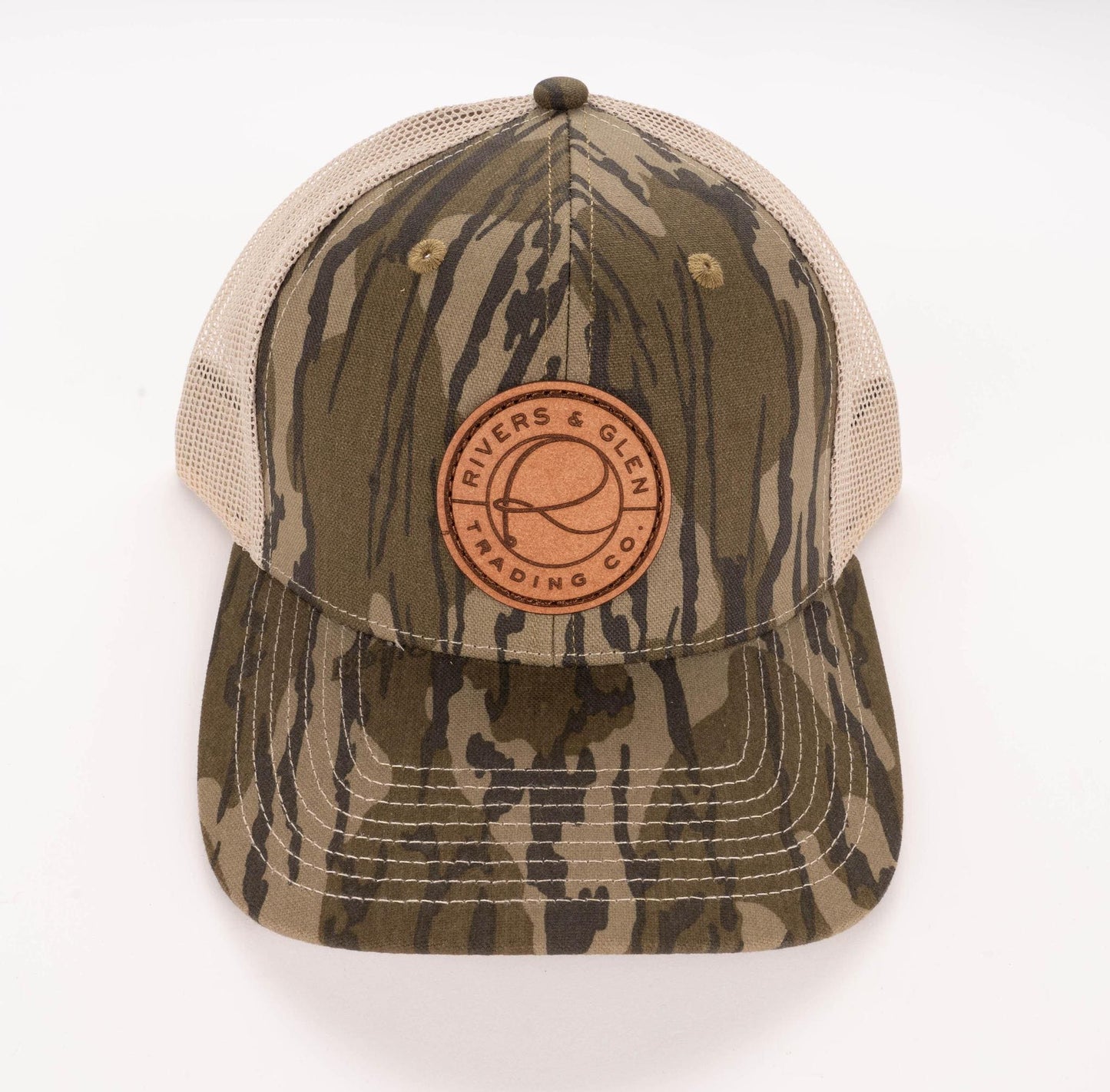 R&G Badge Camo Trucker (Mossy Oak Tan) Rivers and Glen Trading Co. Hats LP Mossy Oak Bottomland Tan Headwear Rivers and Glen Trading Co