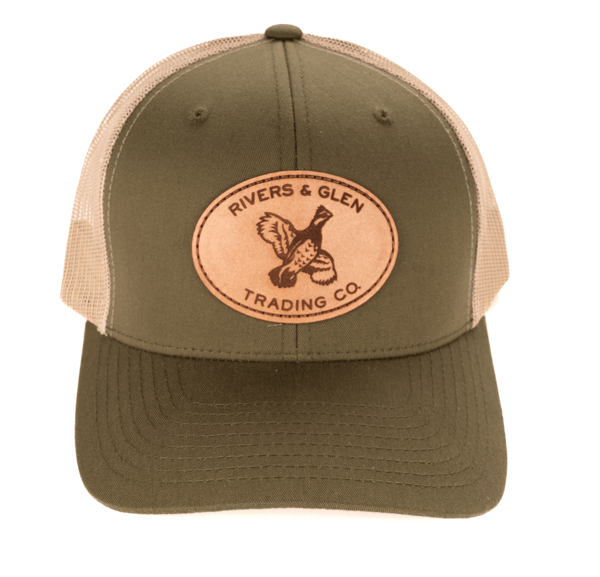 R&G Quail Trucker (Olive) Rivers and Glen Trading Co. Hats Olive Leather Patch Headwear Rivers and Glen Trading Co