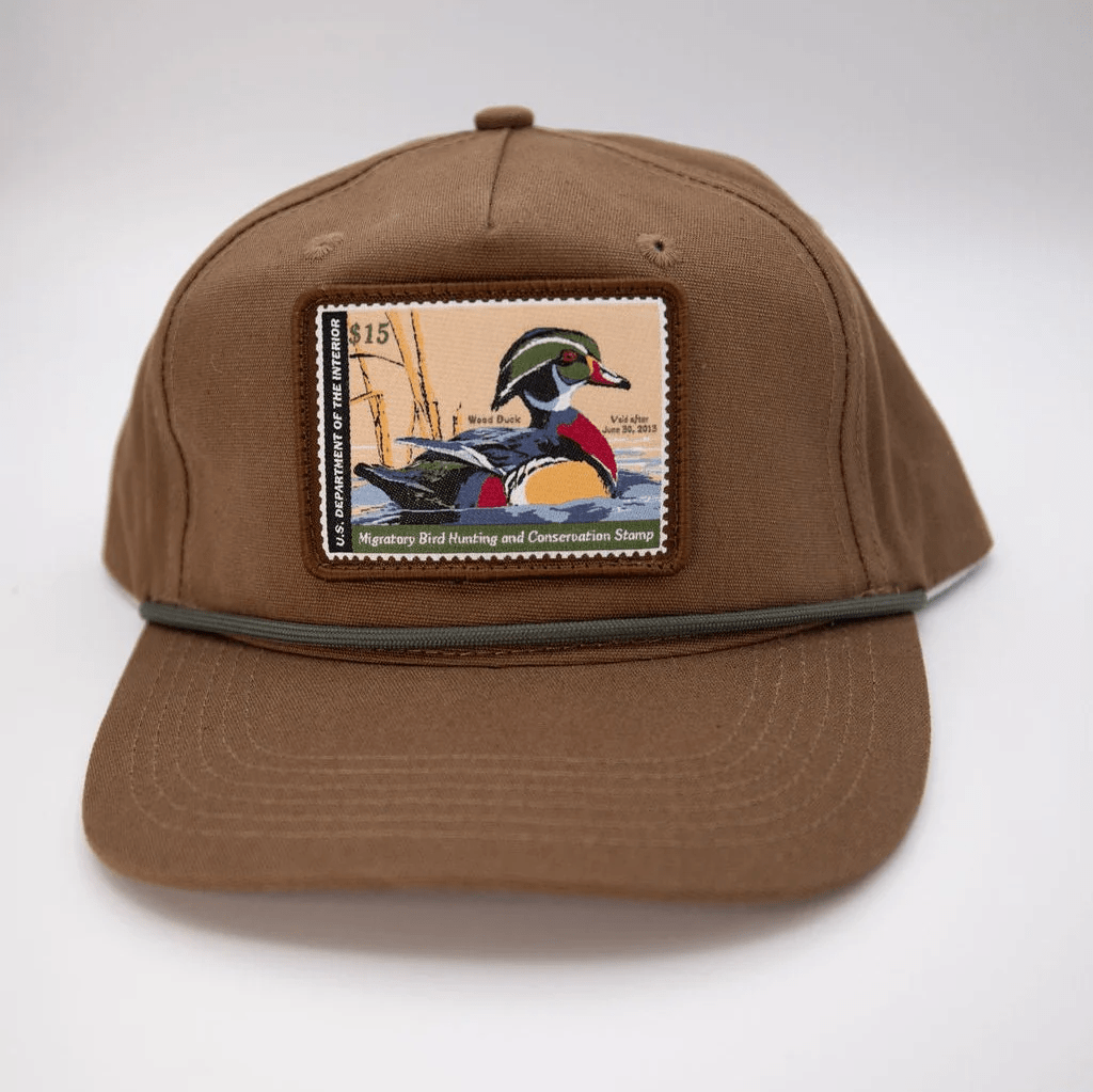 Woodley Co Duck Stamp Hat Wood Duck 12’-13’ Woodley Co Tobacco Rope Headwear Rivers and Glen Trading Co