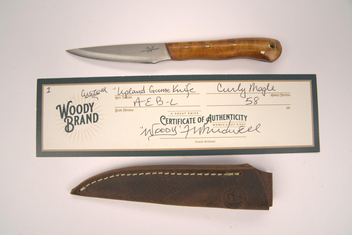 Woody Handmade Cutlery Upland Game Knife Woody Handmade Cutlery Curly Maple (1) Knives Rivers and Glen Trading Co