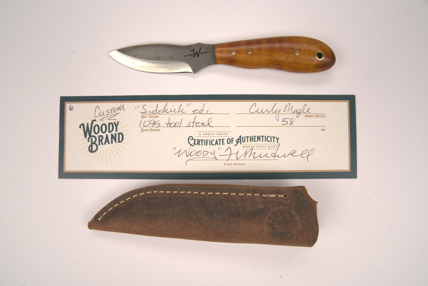 Woody Handmade Cutlery 7" Sidekick EDC Woody Handmade Cutlery Curly Maple (6) Knives Rivers and Glen Trading Co