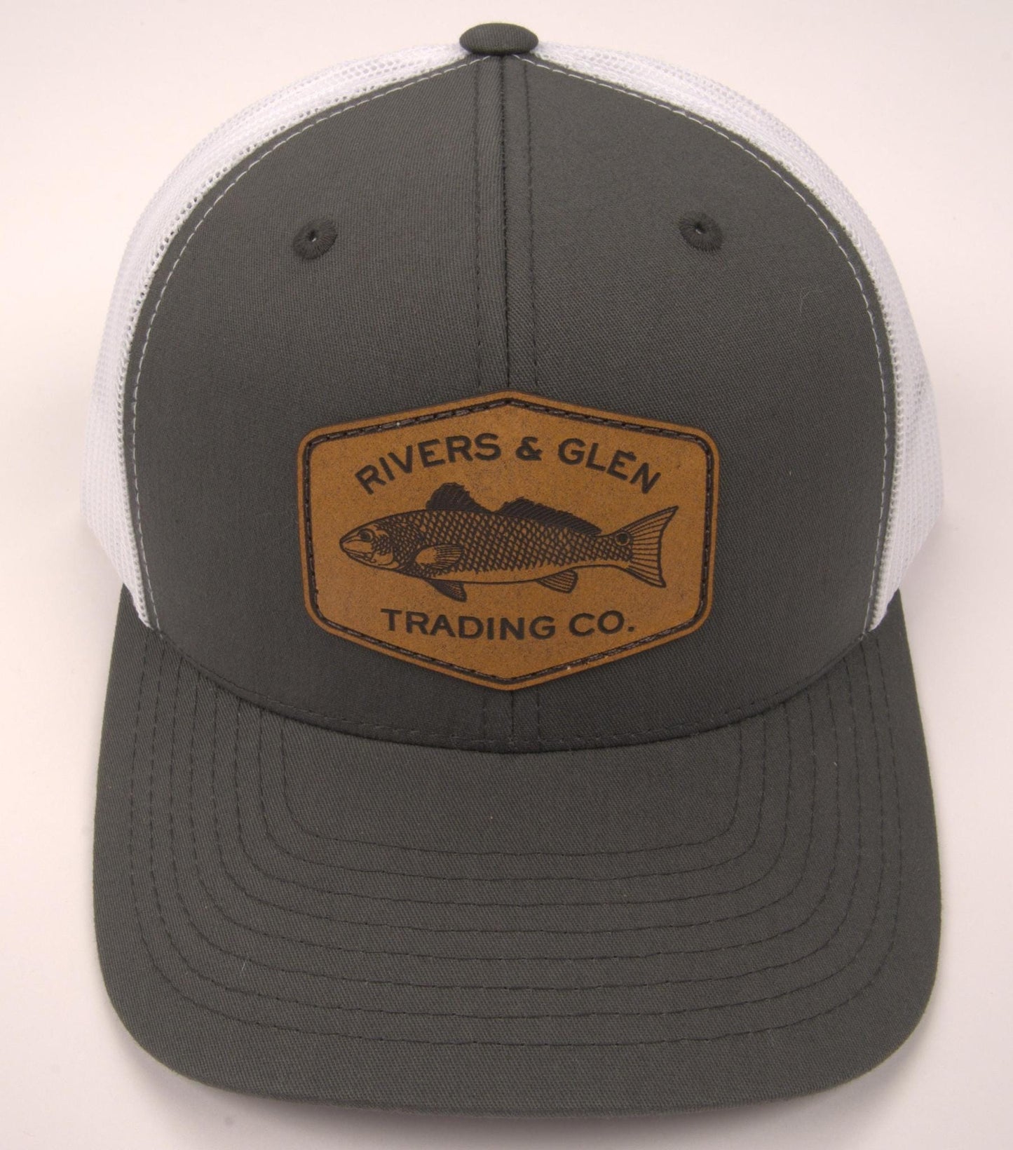 R&G Redfish Trucker Hat Charcoal/White Redfish Leather Patch 112 Rivers and Glen Trading Co. Hats Charcoal/White/RedfishLeather/112YP Headwear Rivers and Glen Trading Co