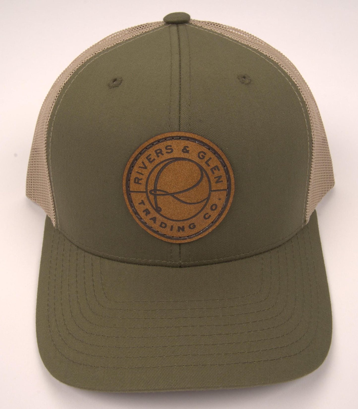 R&G Trucker Hat Moss/Khaki Leather Patch 112 Rivers & Glen Trading Co. Hats Moss/Khaki/Leather/112YP Headwear Rivers and Glen Trading Co