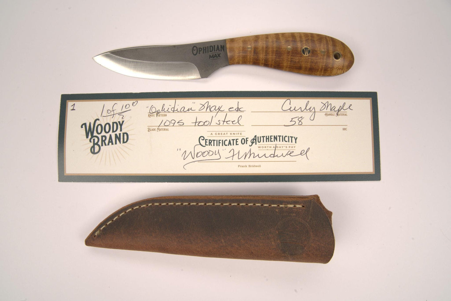 Woody Handmade Cutlery Ophidian Max EDC Woody Handmade Cutlery Curley Maple (1) Knives Rivers and Glen Trading Co