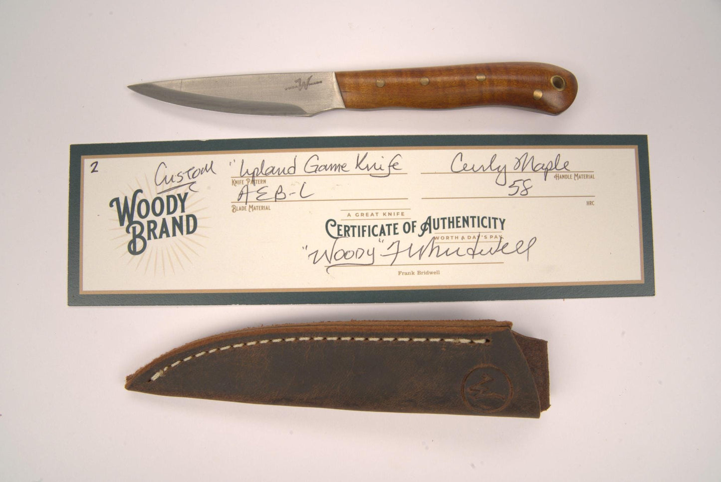 Woody Handmade Cutlery Upland Game Knife Woody Handmade Cutlery Curly Maple (2) Knives Rivers and Glen Trading Co