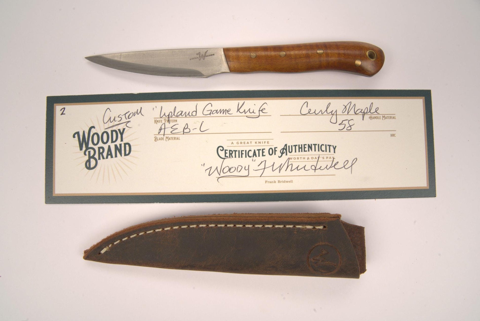 Woody Handmade Cutlery Upland Game Knife Woody Handmade Cutlery Curly Maple (2) Knives Rivers and Glen Trading Co