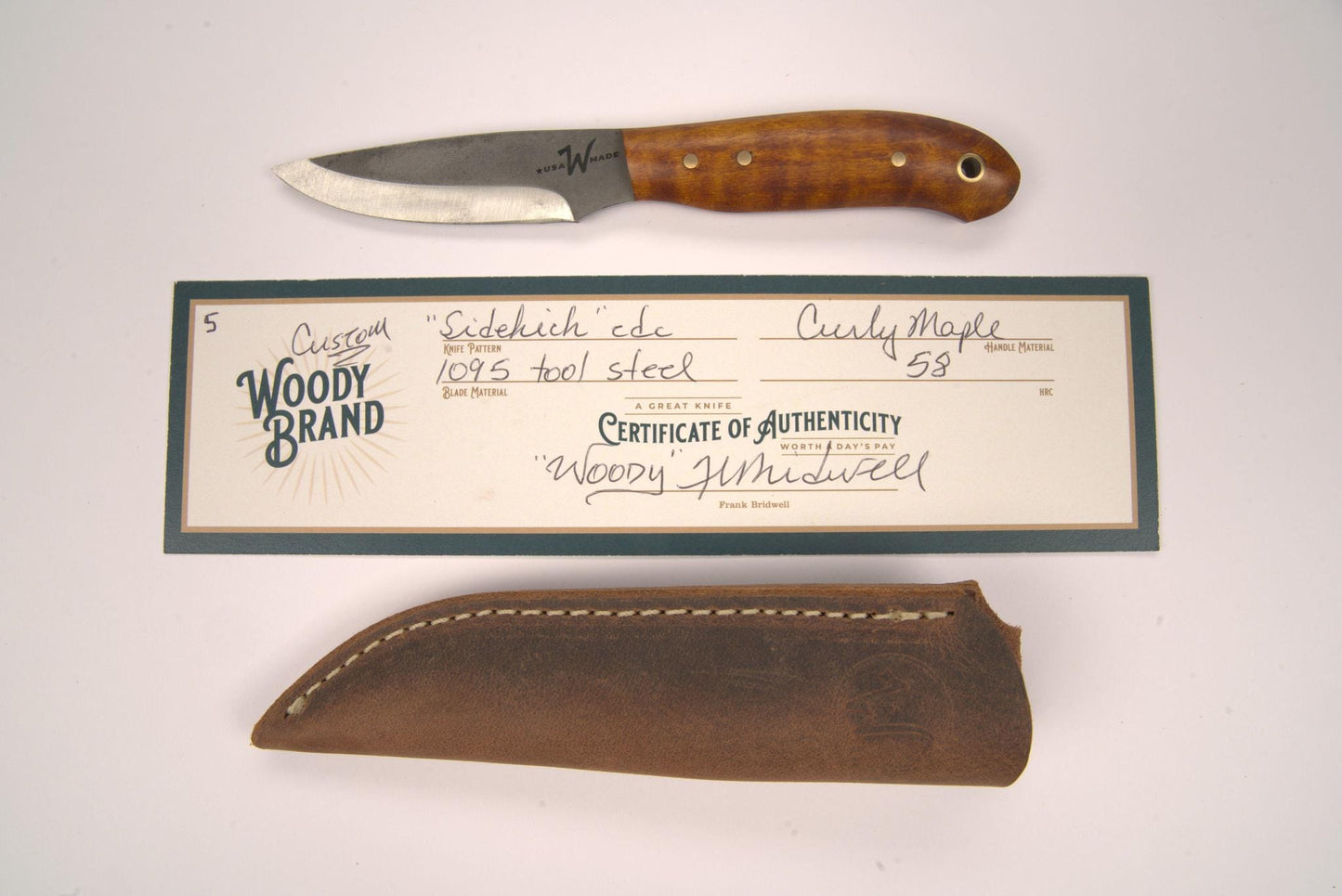 Woody Handmade Cutlery 7" Sidekick EDC Woody Handmade Cutlery Curly Maple (5) Knives Rivers and Glen Trading Co
