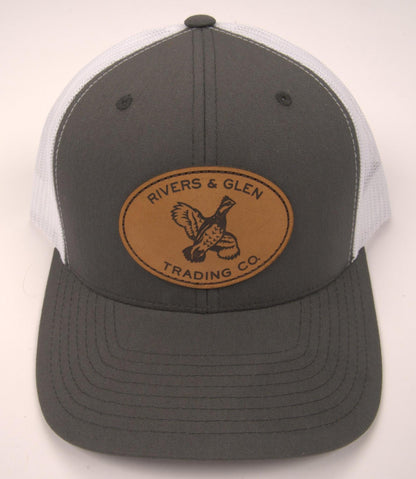 R&G Quail Trucker Hat Charcoal/White Leather Quail Patch 112 Rivers and Glen Trading Co. Hats Charcoal/White/LeatherQuailPatch/112YP Headwear Rivers and Glen Trading Co