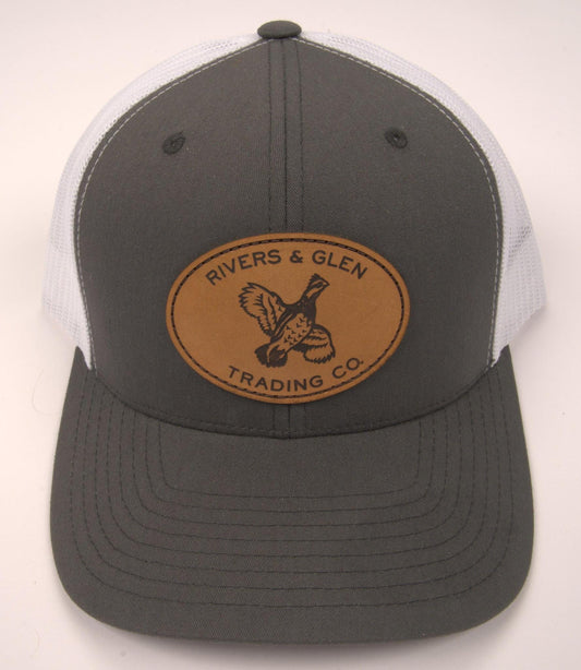 R&G Quail Trucker Hat Charcoal/White Leather Quail Patch 112 Rivers and Glen Trading Co. Hats Charcoal/White/LeatherQuailPatch/112YP Headwear Rivers and Glen Trading Co