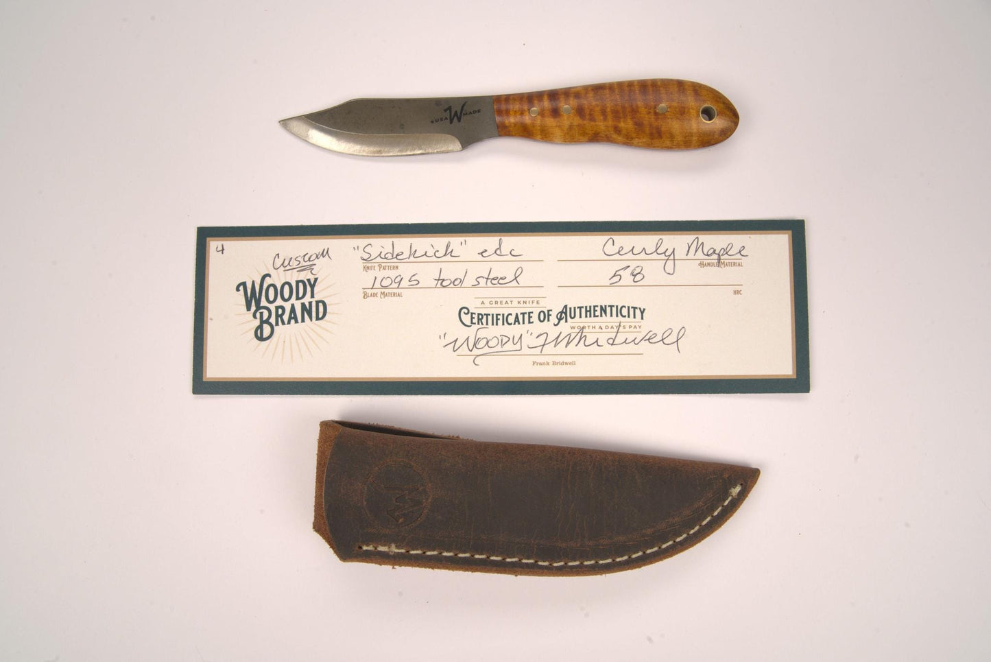 Woody Handmade Cutlery 7" Sidekick EDC Woody Handmade Cutlery Curly Maple (4) Knives Rivers and Glen Trading Co