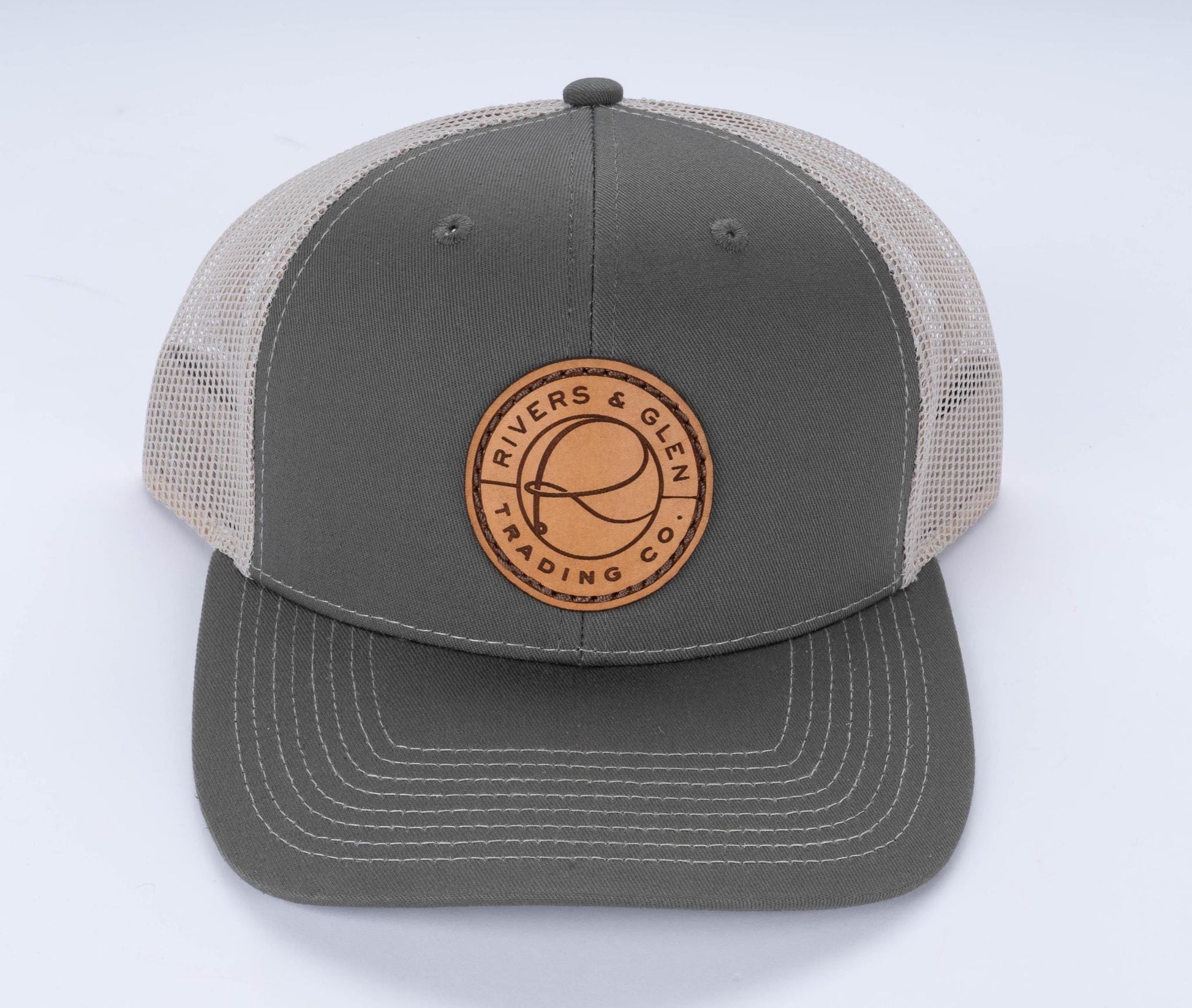 R&G Leather Patch Trucker Hat 112 Rivers and Glen Trading Co. Hats Olive/Khaki Headwear Rivers and Glen Trading Co