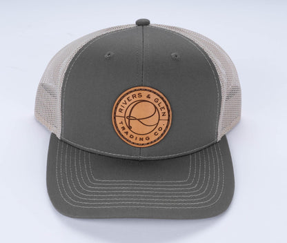 R&G Leather Patch Trucker Hat 112 Rivers and Glen Trading Co. Hats Olive/Khaki Headwear Rivers and Glen Trading Co