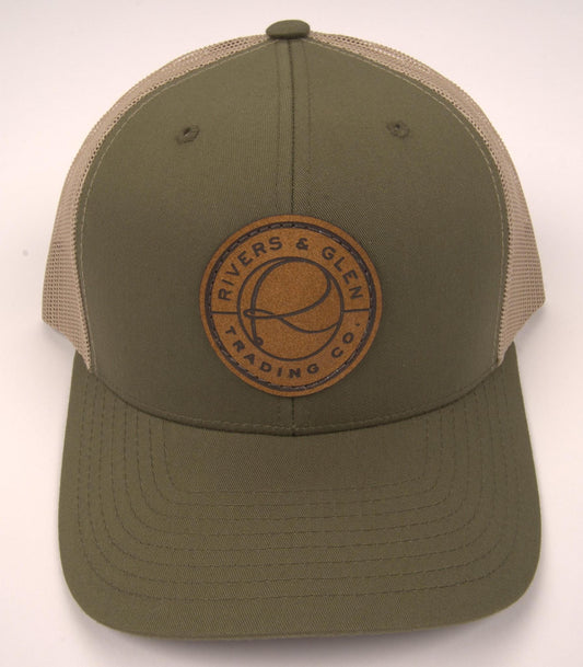 R&G Trucker Hat Moss/Khaki Leather Patch 112 Rivers & Glen Trading Co. Hats Moss/Khaki/Leather/112YP Headwear Rivers and Glen Trading Co