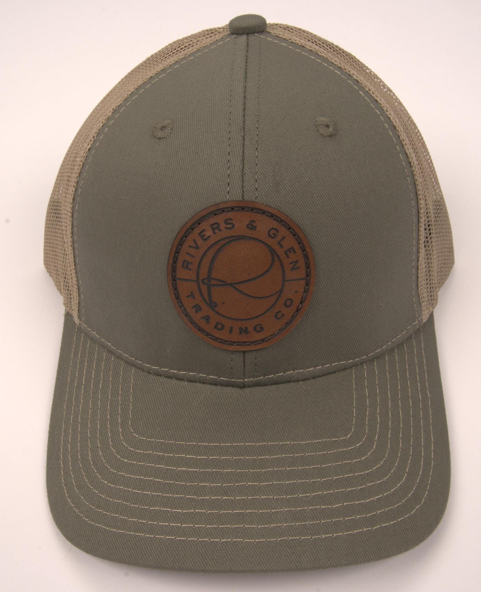 R&G Trucker Hat Olive/Khaki Leather Patch 112 Rivers and Glen Trading Co. Hats Olive/Khaki/112OC Headwear Rivers and Glen Trading Co