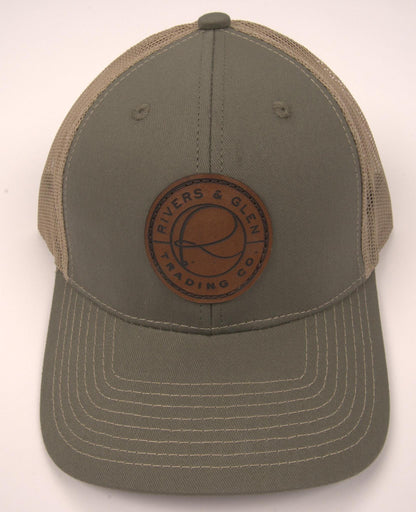 R&G Trucker Hat Olive/Khaki Leather Patch 112 Rivers and Glen Trading Co. Hats Olive/Khaki/112OC Headwear Rivers and Glen Trading Co