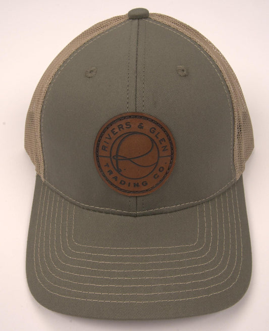 R&G Trucker Hat Olive/Khaki Leather Patch 112 Rivers and Glen Trading Co. Hats Olive/Khaki/112OC Headwear Rivers and Glen Trading Co