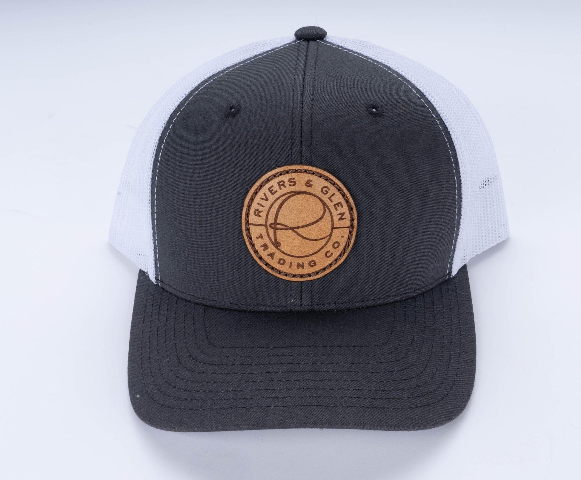 R&G Leather Patch Trucker Hat 112 Rivers and Glen Trading Co. Hats Charcoal/White Headwear Rivers and Glen Trading Co