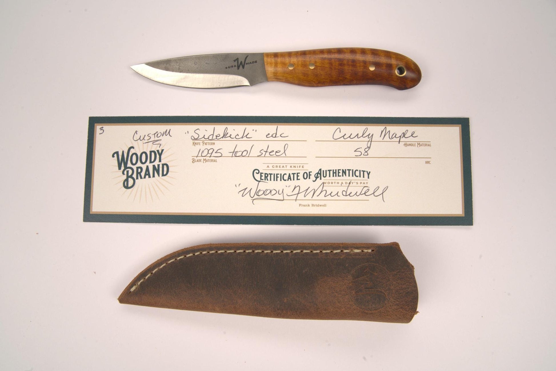 Woody Handmade Cutlery 7" Sidekick EDC Woody Handmade Cutlery Curly Maple (3) Knives Rivers and Glen Trading Co
