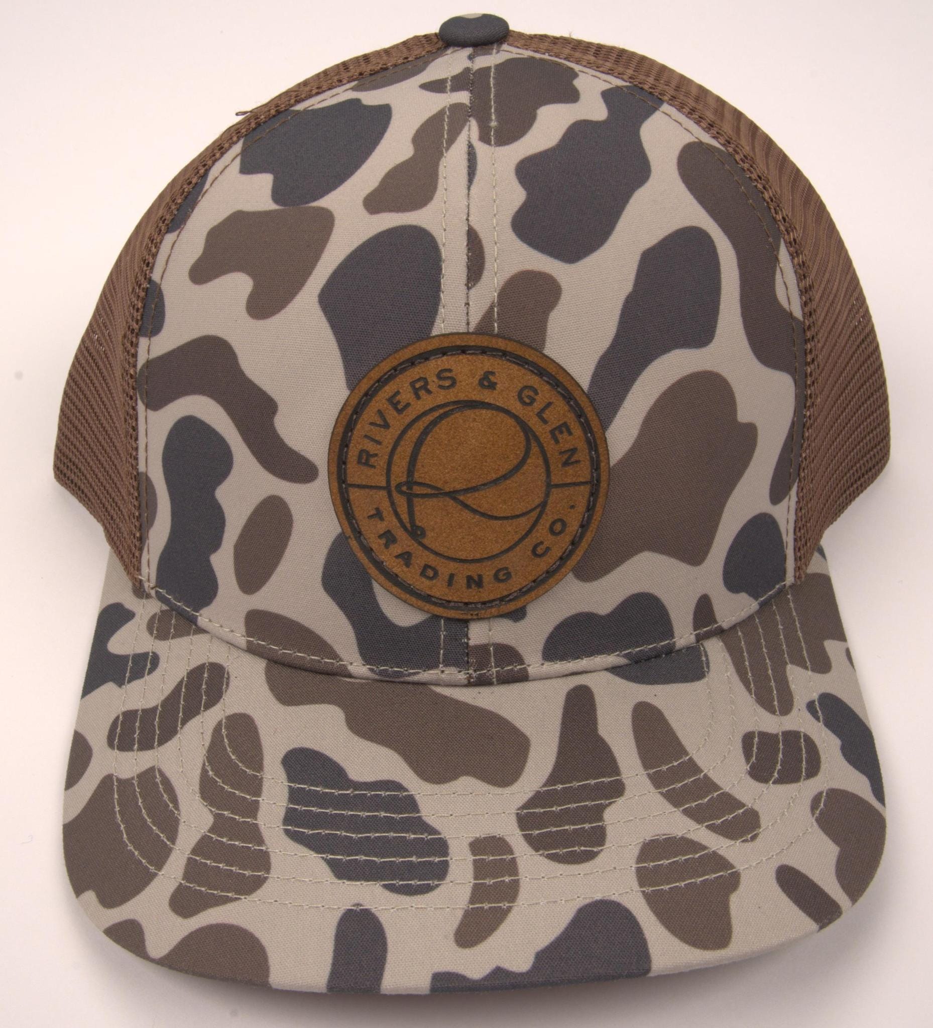 R&G Trucker Hat Cool Slough/Chocolate Slate Leather Patch 112 Rivers & Glen Trading Co. Hats CoolSlough/ChocolateSlate/LeatherPatch/112L Headwear Rivers and Glen Trading Co