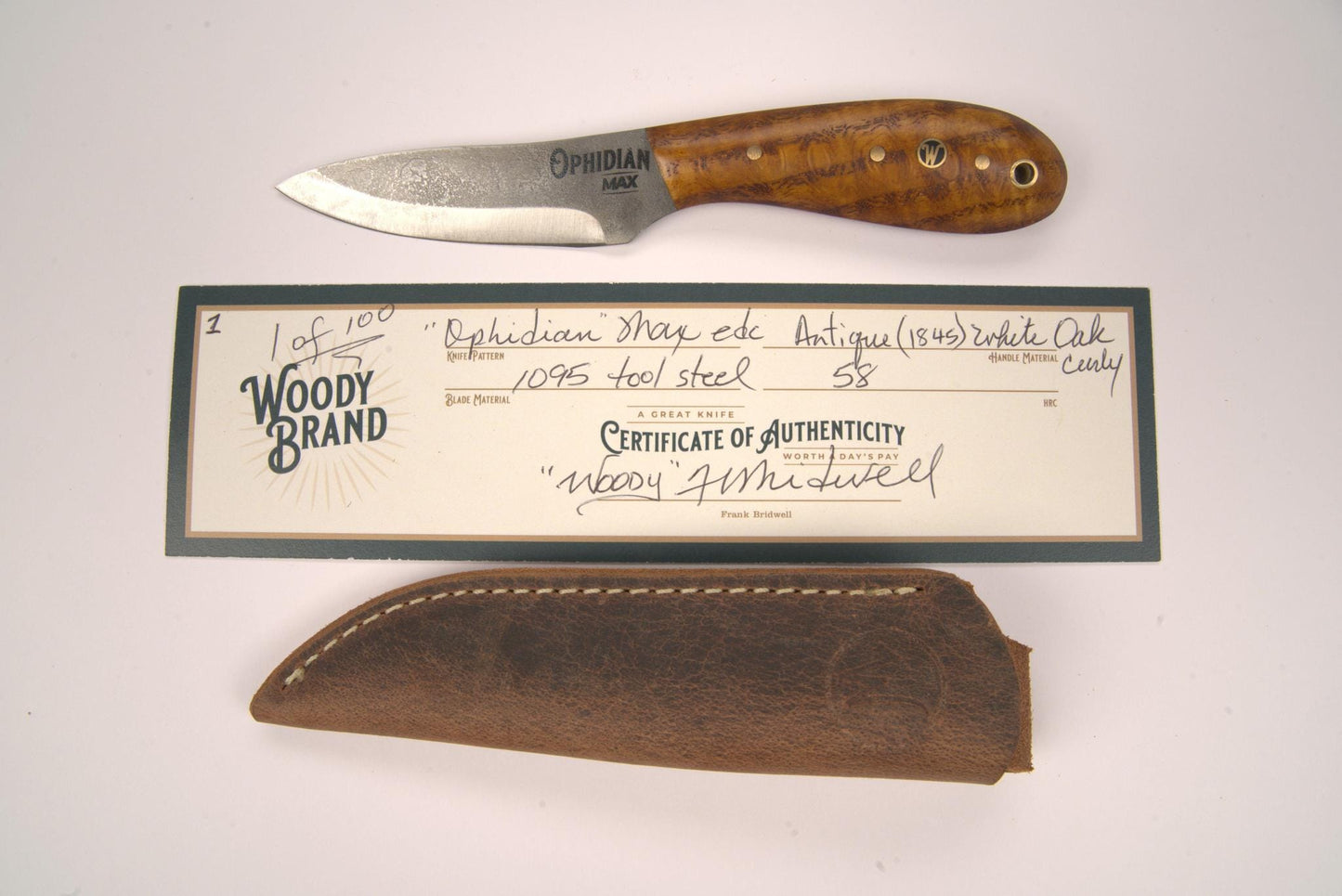 Woody Handmade Cutlery Ophidian Max EDC Woody Handmade Cutlery Antique (1845) White Oak (1) Knives Rivers and Glen Trading Co